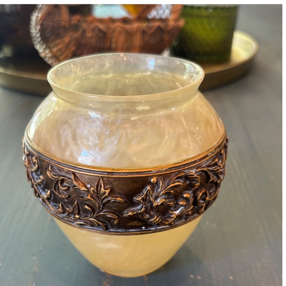 Vintage Alabaster Style Bud Vase with Bronze Floral Filigree Band Cream 4.5in